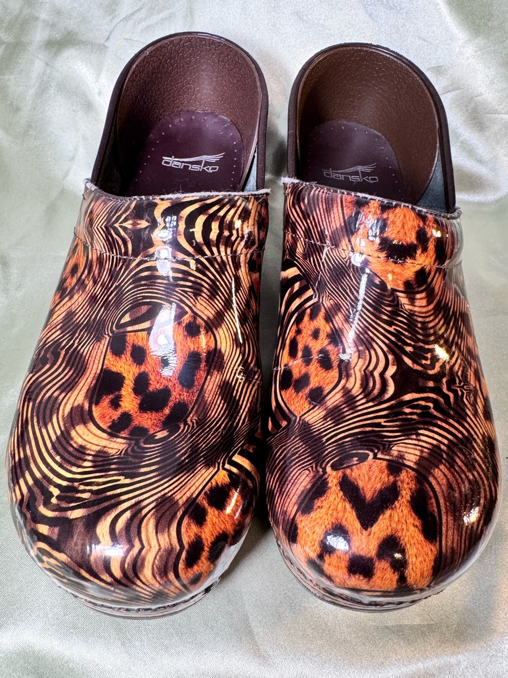 Dansko Leopard-Print Patent Women's Clogs in Brown and Orange Whimsy size 41